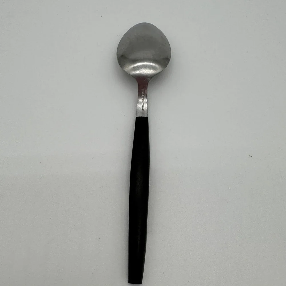 Vintage MCM Stainless Steel Teaspoon Black Leaf Accent 6